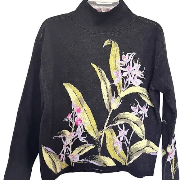 Maeve Anthropologie Carys Black Floral Print Mock Neck Knit Pullover Sweater L - Picture 3 of 8